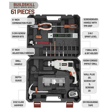 LXINDIA Drill Kit BUILDSKILL 61 Pcs Tool Kit with Drill Machine 650W