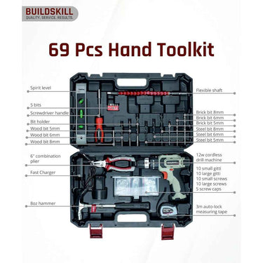 LXINDIA Drill Kit BUILDSKILL 69 Pcs 12V Cordless Drill Machine Tool Kit