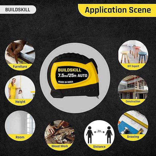 LX INDIA Measuring tools BUILDSKILL 7.5M Auto Lock Measuring Tape Steel Blade | Non Slip TPR Grip 24ft Inch Measure Tape