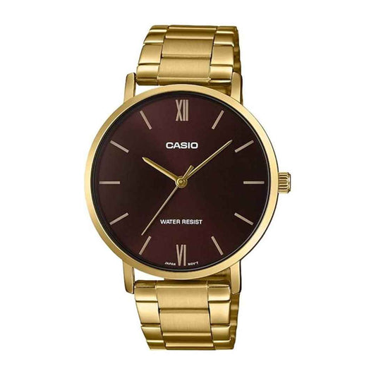 LX INDIA Analog Watch Casio Analogue Men's Watch (Brown Dial Gold Colored Strap)