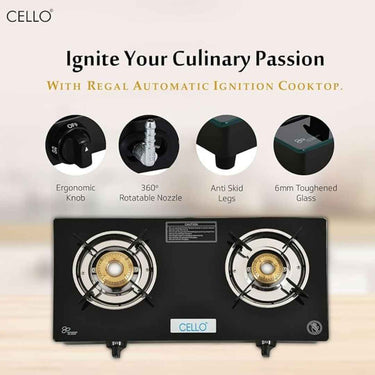 LXINDIA Gas Cooktop CELLO Regal Premium Brass Gas Cooktop (2-Burner Automatic)