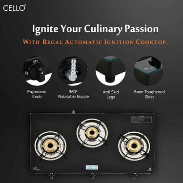 LXINDIA Induction Cooktop CELLO Regal Premium Brass Gas Cooktop (3-Burner Automatic)