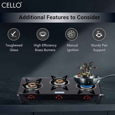 LXINDIA Gas Cooktop Cello Regal Premium Open Brass 3 Burner Gas Cooktop