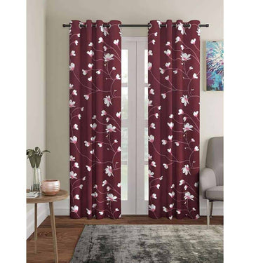 LXINDIA Curtains Cortina Floral Print Polyester Curtains with Metal Eyelet 7Ft Set of 2 Maroon