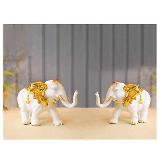 LXINDIA Show Piece CraftVatika Elephant Statue (Set of 2) (White and Golden)
