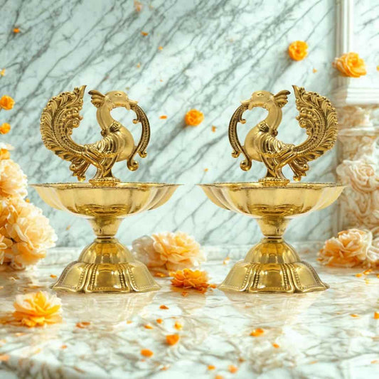 LX INDIA Diyas CraftVatika Pure Brass Diya, Peacock Design Brass Diya Set of 2