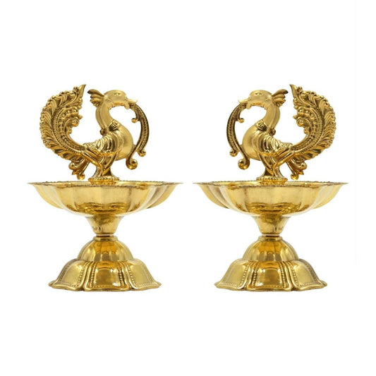 LX INDIA Diyas CraftVatika Pure Brass Diya, Peacock Design Brass Diya Set of 2