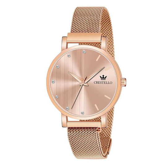 LX INDIA Watch for Women Pink CRESTELLO Rose Gold Plated Mesh Chain Analog Wrist Watch for Women