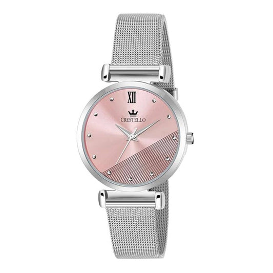 LX INDIA Watch for Women Pink CRESTELLO Steel Mesh Chain Analog Wrist Watch for Women