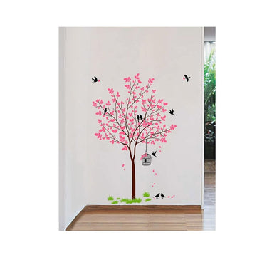 LX INDIA Wall Stickers Decal O Decal PVC Vinyl Tree with Birds and Nest Botanical Wall Stickers (Pink)