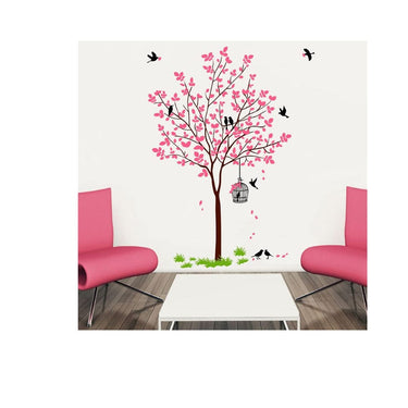 LX INDIA Wall Stickers Decal O Decal PVC Vinyl Tree with Birds and Nest Botanical Wall Stickers (Pink)