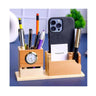 LXINDIA Pen Holder Deskart Wooden Pen Holder visting card and mobile stand With Clock (Beige)