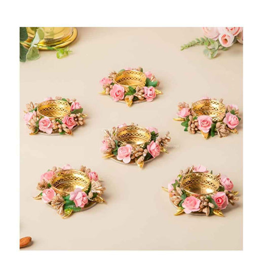 LX INDIA Candle Holders Divyakosh Flower Tea Light Holder Set of 6 Pcs with Wax Candle