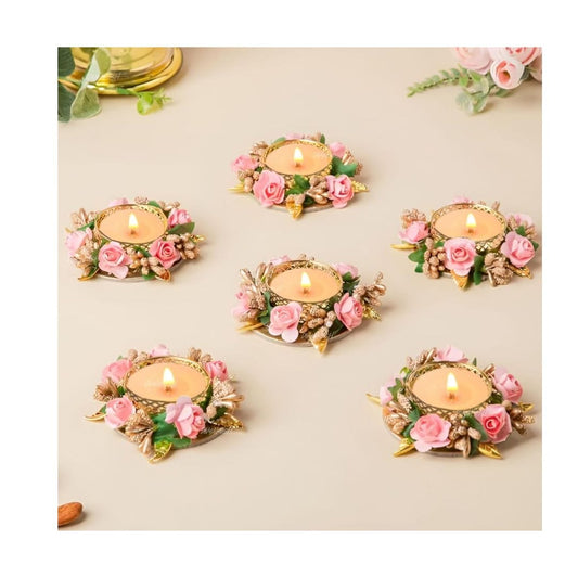 LX INDIA Candle Holders Divyakosh Flower Tea Light Holder Set of 6 Pcs with Wax Candle