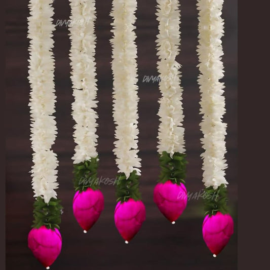 LX INDIA Wall Hanging Divyakosh Garlands for Home Decoration, Lotus Hangings Pack of 5 Latkan, Size 14 Inch Each Offwhite