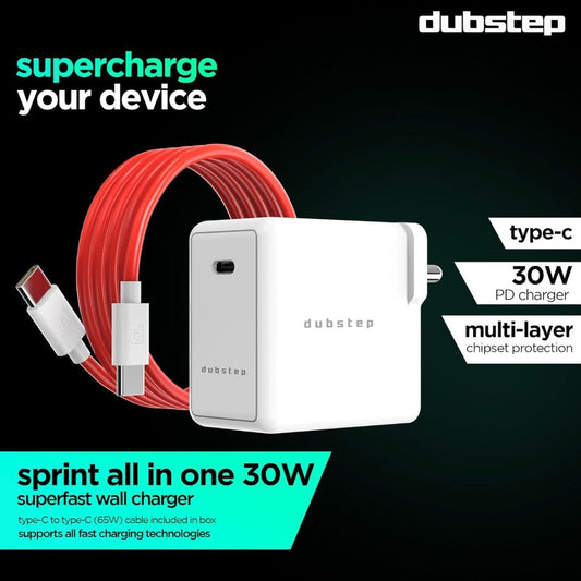 LX INDIA Mobile Charger Dubstep Sprint All-in-one 30W 6A Charger with Type-C to Type-C Cable
