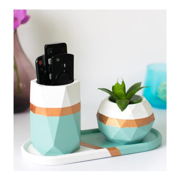 LXINDIA Pen Holder Dwell dapper Hexagonal Pencil and Pen Holder White and Teal set of 3