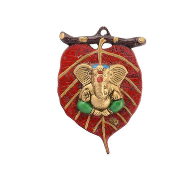 eCraftIndia Lord Ganesha in Green Dhoti on Red Leaf Wall Hanging