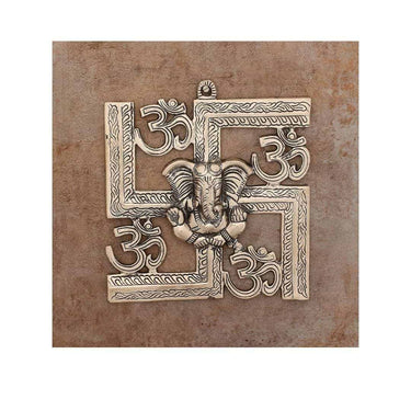 eCraftIndia Lord Ganesha on Om Swastik Metal Silver Wall Hanging