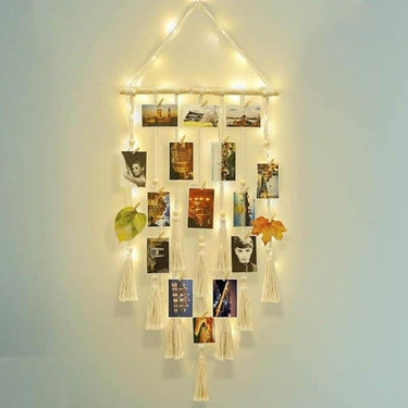 LXINDIA photo frame ecofynd Tokyo Macrame Picture Organizer with 20 Wooden Clips and Fairy LED String Lights