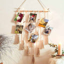 LXINDIA photo frame ecofynd Tokyo Macrame Picture Organizer with 20 Wooden Clips and Fairy LED String Lights