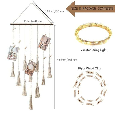 LXINDIA photo frame ecofynd Tokyo Macrame Picture Organizer with 20 Wooden Clips and Fairy LED String Lights