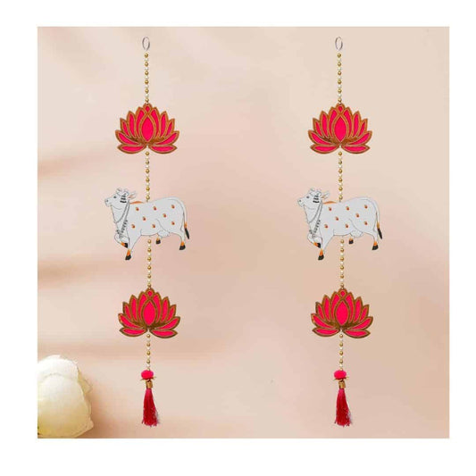 LXINDIA Wall Hanging eCraftIndia Artificial Marigold Flowers Hangings with Bangles Ringing Bells (2 Lotus Cow Hanging)