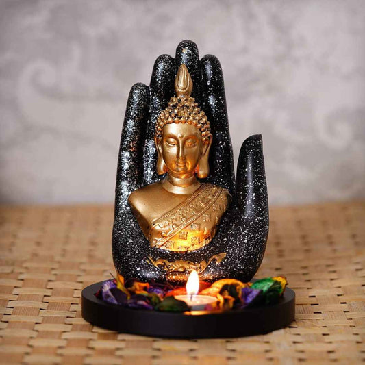 LX INDIA Buddha Monk eCraftIndia Black Golden Resin Palm Buddha Statue (MSGB539W1)
