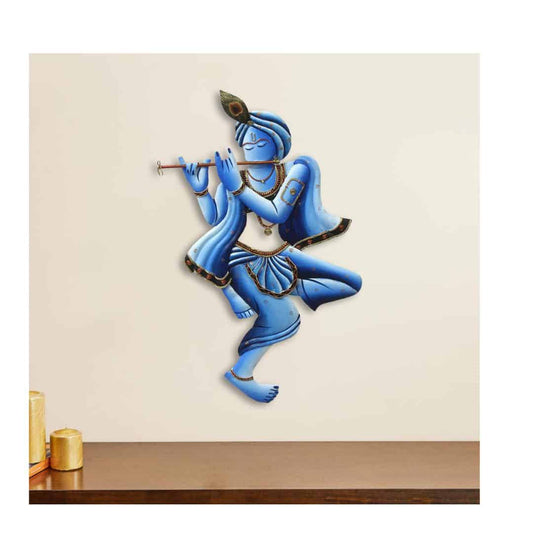 LXINDIA Wall Hanging eCraftIndia Blue Lord Krishna Playing Flute Handcrafted Decorative Iron Wall Hanging