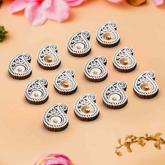 LX INDIA Tealight candle holders eCraftIndia Brown White Buta or Paisley Shaped Wooden Block Print Decorative Tea Light Candle Holders Set of 12