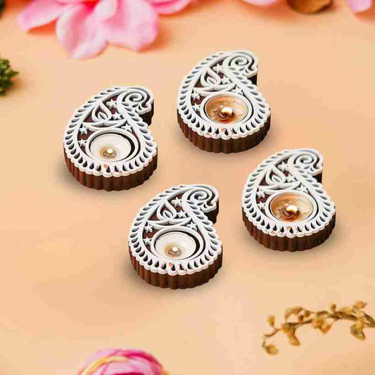 LX INDIA Candle Holders eCraftIndia Brown White Buta or Paisley Shaped Wooden Block Print Decorative Tea Light Candle Holders -Set of 4