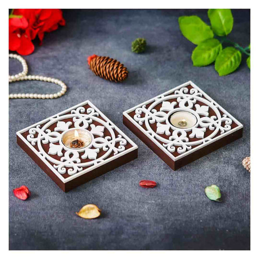 LX INDIA Candle Holders eCraftIndia Brown & White Square Wooden Floral Block Print
