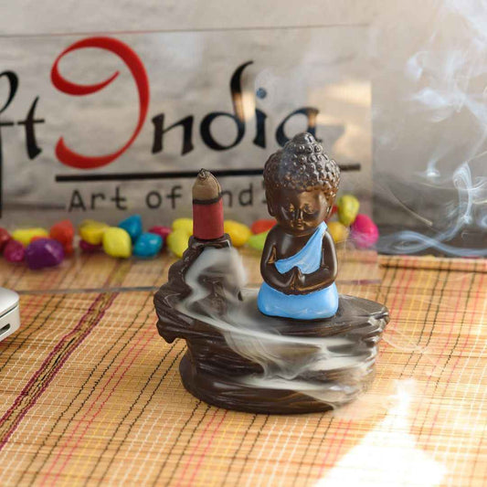 LX INDIA Buddha Monk eCraftIndia Buddha Smoke Backflow Incense Holder (Black and Blue)