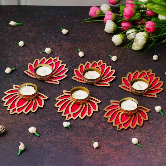 LX INDIA Candle Holders eCraftIndia Golden and  Pink Lotus Flower  Tea Light Candle Holders (Pack of 6)