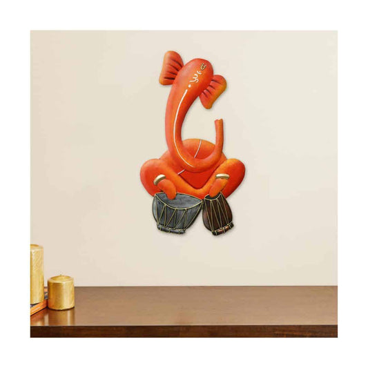 LXINDIA Wall Hanging eCraftIndia Musician Lord Ganesha Playing Dholak Handcrafted Iron Wall Hanging