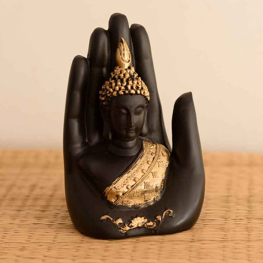 LX INDIA Buddha Monk eCraftIndia Resin Black and Golden Handcrafted Palm Buddha Statue (Pack of 2)