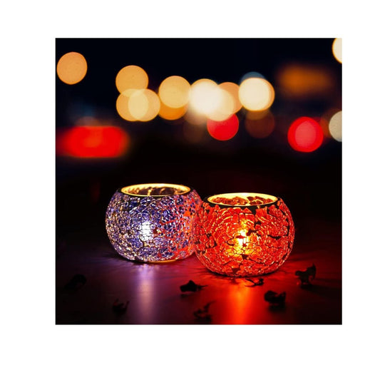 LX INDIA Candle Holders Purple & Red eCraftIndia Set of 2 Mosaic Glass Decorative Tea Light Candle Holders
