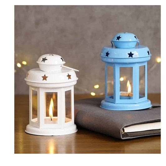 LXINDIA Wall Hanging eCraftIndia Set of 2 White Blue Metal Wall Hanging Lantern Tea Light Candle Holders