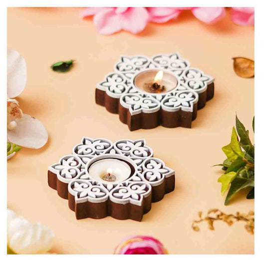LX INDIA Candle Holders eCraftIndia Set of 2 White Brown Wooden Floral Printing Block
