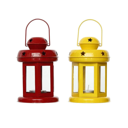 LXINDIA Wall Hanging eCraftIndia Set of 2 Yellow Red Metal Wall Hanging Lantern Tea Light Candle Holders