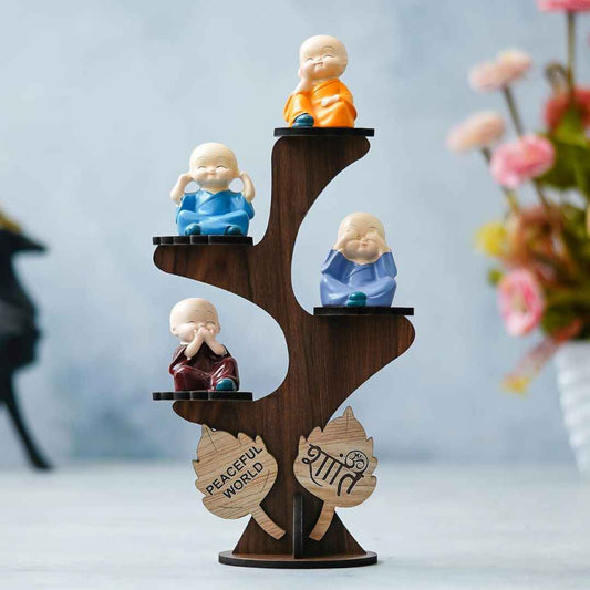 LX INDIA Buddha Monk eCraftIndia Set of 4 Monk Buddha Statue Showpiece with Wooden Stand
