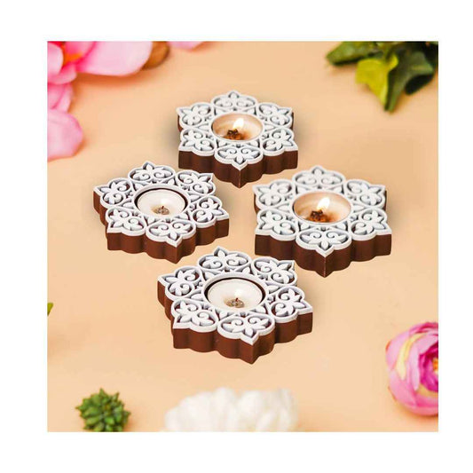 LX INDIA Candle Holders eCraftIndia Set of 4 White Brown Wooden Floral Printing Block Decorative Tea Light Candle Holders