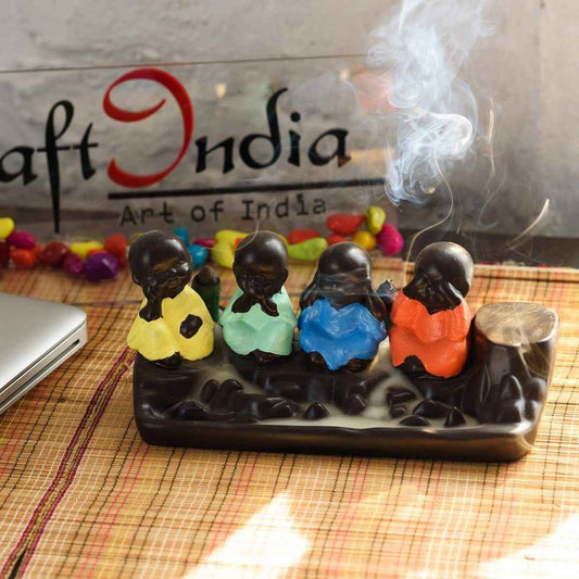 LX INDIA Buddha Monk eCraftIndia Smoke Backflow Cone Incense Holder - Set of 4 Little Monk Buddha Statues