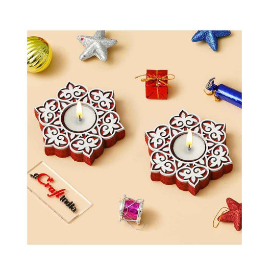 LX INDIA Candle Holders Red eCraftIndia Wooden Floral Printing Block Decorative Tea Light Candle Holders