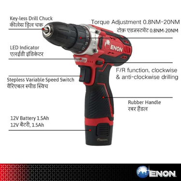 LXINDIA Corded and Cordless Drills Enon 12V Cordless Drill Machine For Home Use