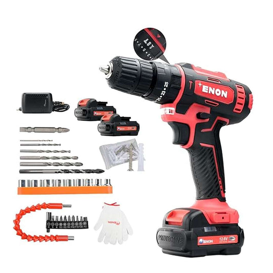 LX INDIA Drill Kit Enon Cordless Impact Drill for Home Use 12.6V, 1500Rpm  2x1.5Ah Batteries, 82 Pcs Drill Kit (XE-CD1610) Red