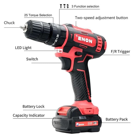 LX INDIA Drill Kit Enon Cordless Impact Drill for Home Use 12.6V, 1500Rpm  2x1.5Ah Batteries, 82 Pcs Drill Kit (XE-CD1610) Red