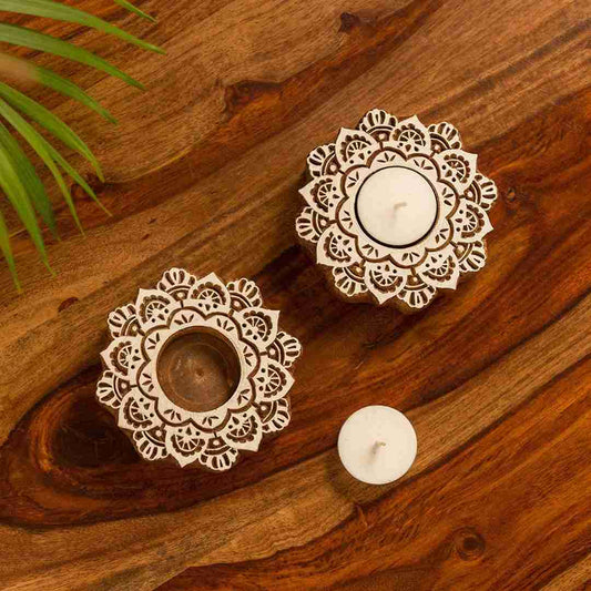 LX INDIA Candle Holders ExclusiveLane Flower Hand-Carved Blocks Tea-Light Holders (Set of 2,Brown)