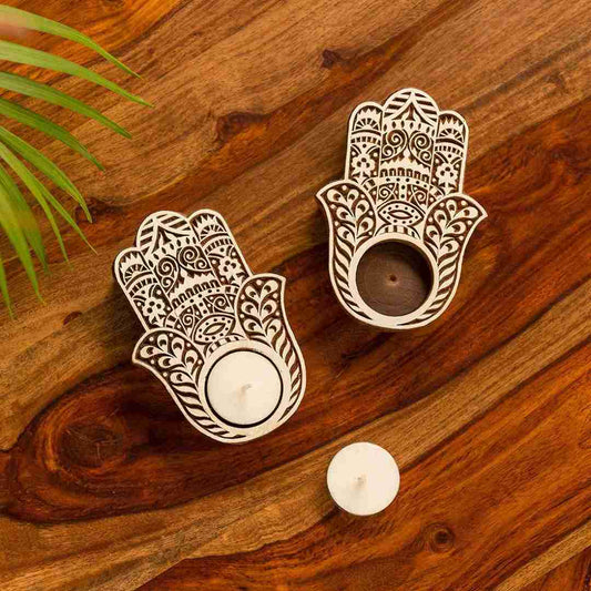 LX INDIA Candle Holders ExclusiveLane Palm Hand-Carved Blocks Tea-Light Holders (Set of 2, Sheesham Wood)