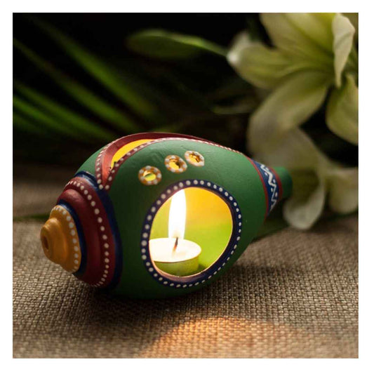 LX INDIA Candle Holders ExclusiveLane Shankh Shaped Terracotta candle Holder (Green-pack-1)